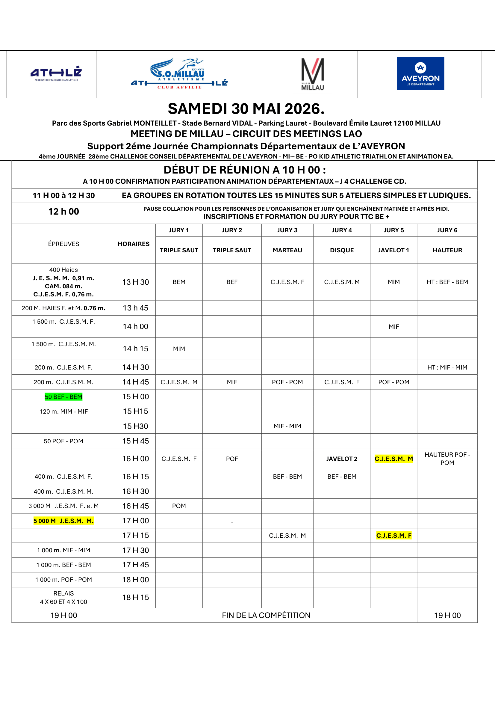Programme Meeting de Millau 30 mai 2026